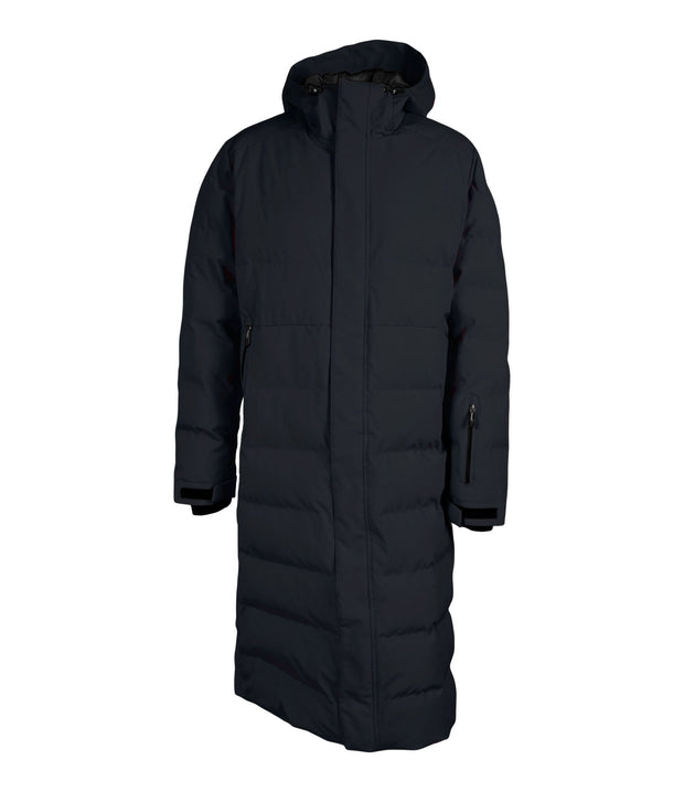 A black long puffer coat featuring a front zip closure, a zippered pocket near left wrist, and two side zip pockets, with an adjustable hood.