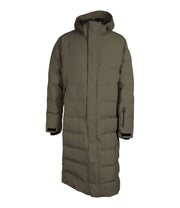 A green long puffer coat featuring a front zip closure, a zippered pocket near left wrist, and two side zip pockets, with an adjustable hood.