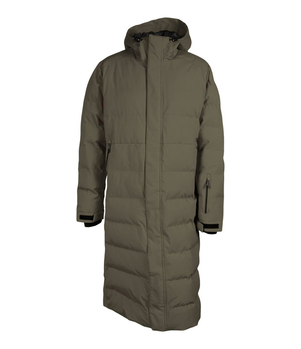 A green long puffer coat featuring a front zip closure, a zippered pocket near left wrist, and two side zip pockets, with an adjustable hood.