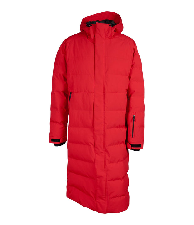 A red long puffer coat featuring a front zip closure, a zippered pocket near left wrist, and two side zip pockets, with an adjustable hood.