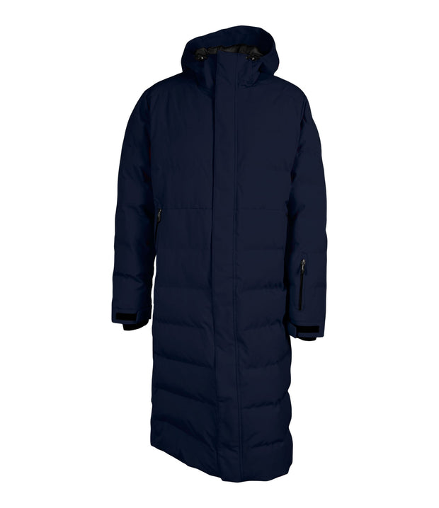A navy blue long puffer coat featuring a front zip closure, a zippered pocket near left wrist, and two side zip pockets, with an adjustable hood.