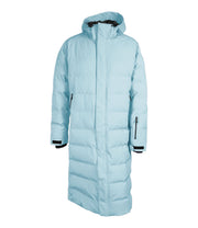 A light blue long puffer coat featuring a front zip closure, a zippered pocket near left wrist, and two side zip pockets, with an adjustable hood.