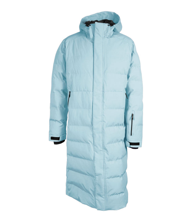 A light blue long puffer coat featuring a front zip closure, a zippered pocket near left wrist, and two side zip pockets, with an adjustable hood.