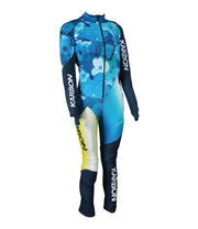 A multicolored, geometric blue and white floral patterned ski racing suit with long sleeves and Karbon branding.