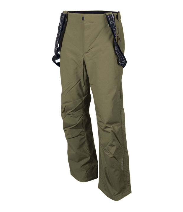 A pair of army green snow pants with zippered hand pockets, a pair of suspenders, and an adjustable waistband with belt loops.