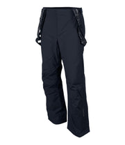 A pair of black snow pants with zippered hand pockets, a pair of suspenders, and an adjustable waistband with belt loops.