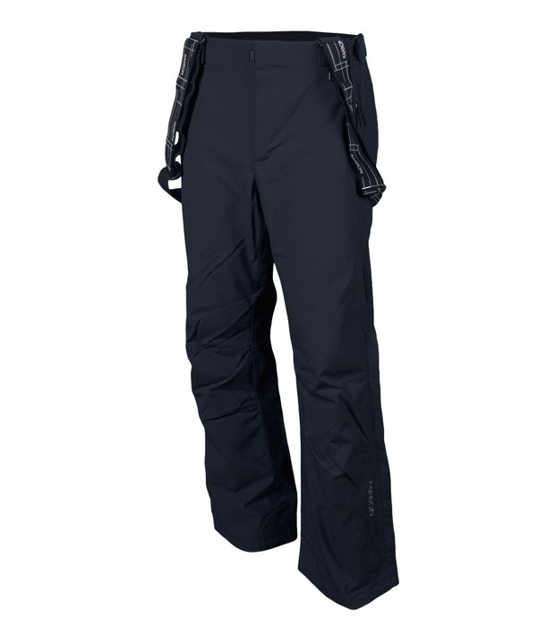 A pair of black snow pants with zippered hand pockets, a pair of suspenders, and an adjustable waistband with belt loops.