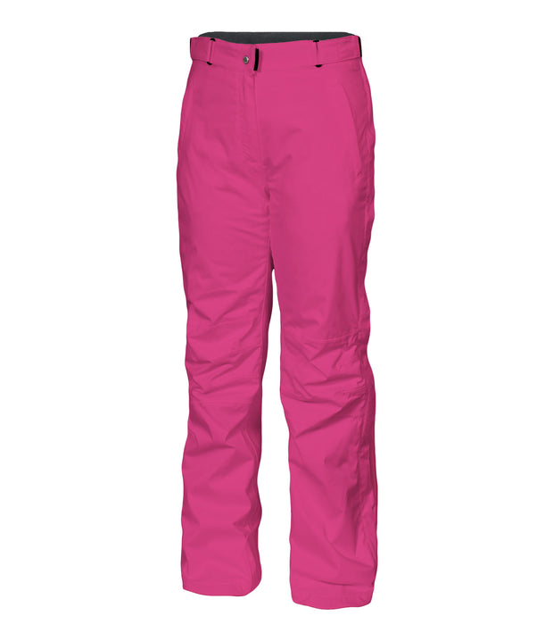 A pair of women's pink pants with zippered hand pockets, an adjustable waistband, and belt loops.