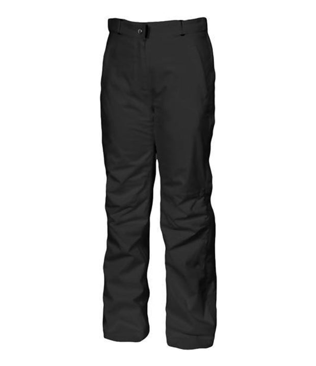 A pair of women's black pants with zippered hand pockets, an adjustable waistband, and belt loops.