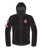 A black ski jacket with reflective piping, multiple pockets, and a hood featuring a logo on the left chest area for Butternut Race Club.