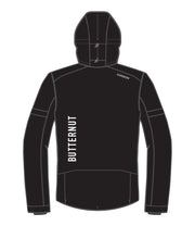 A back shot of a black ski jacket with reflective piping, multiple pockets, and a hood featuring a logo on the left chest area for Butternut Race Club.