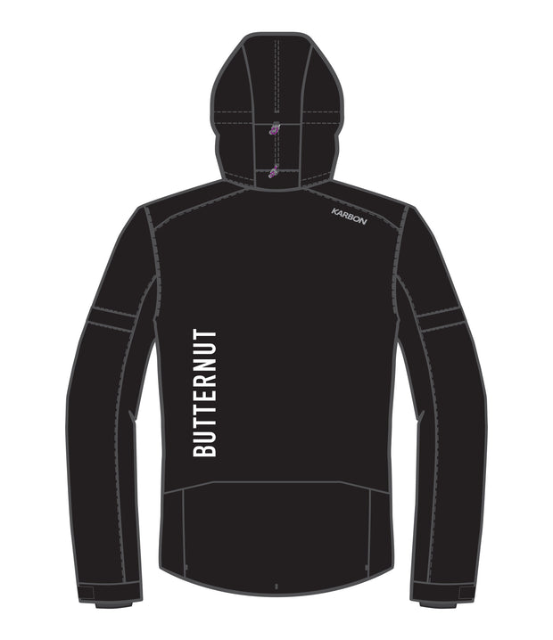 A back shot of a black ski jacket with reflective piping, multiple pockets, and a hood featuring a logo on the left chest area for Butternut Race Club.