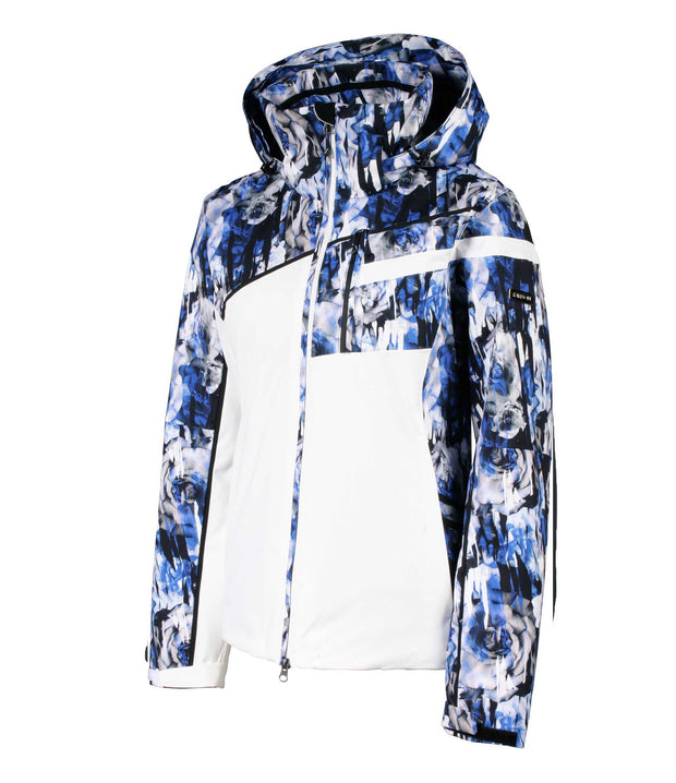 A women's insulated jacket with a mix of solid white and multicolored sections, featuring a hood with a blue, floral pattern, primarily in navy blue and black, with white details.