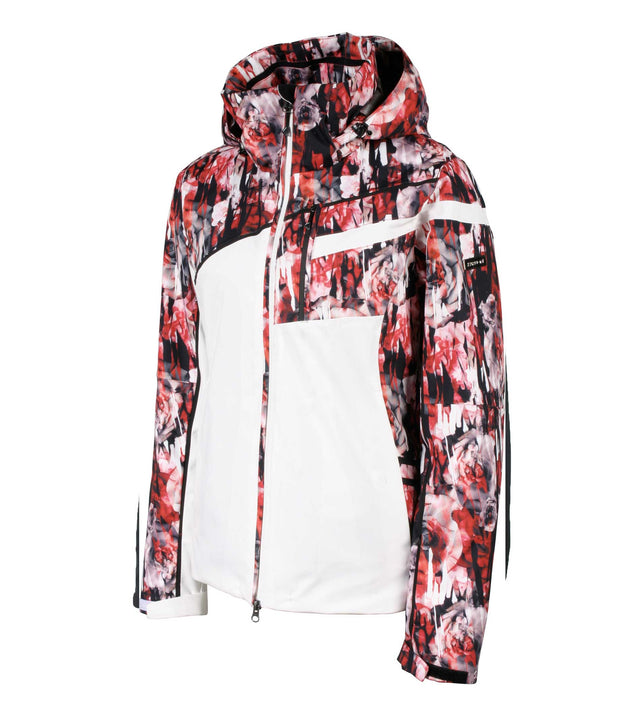 A women's insulated jacket with a mix of solid white and multicolored sections, featuring a hood with a red, floral pattern, primarily in red and black, with white details.