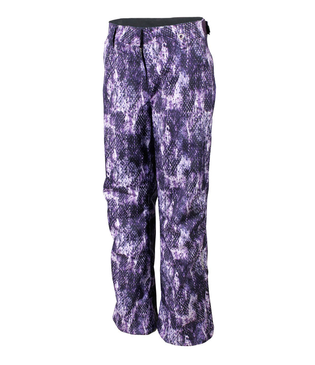 A pair of women's insulated pants with a geometric pattern in shades of purple and white.