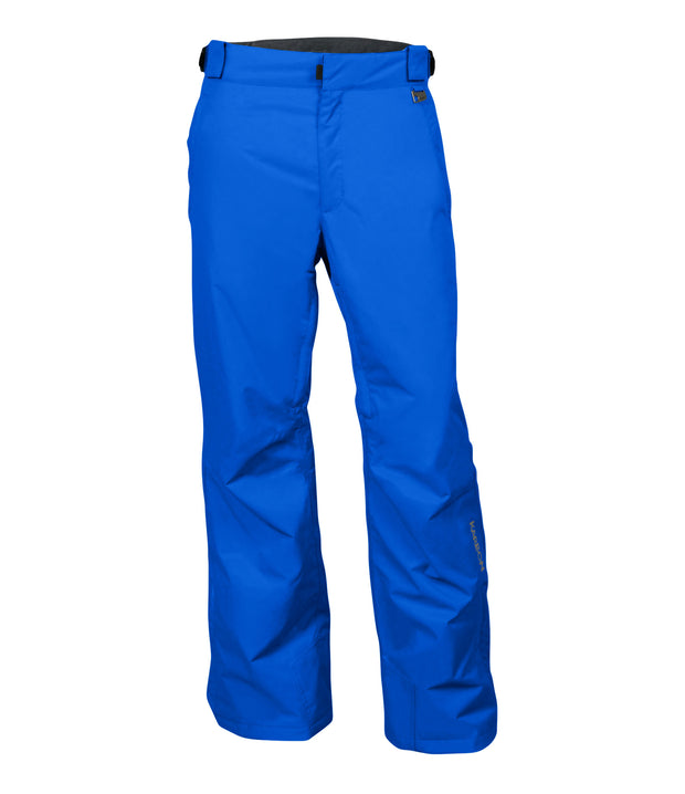 A pair of blue snow pants with zippered hand pockets, and an adjustable waistband with belt loops.