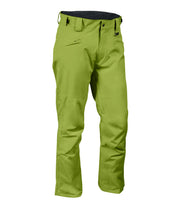 A pair of green snow pants with zippered hand pockets, and an adjustable waistband with belt loops.