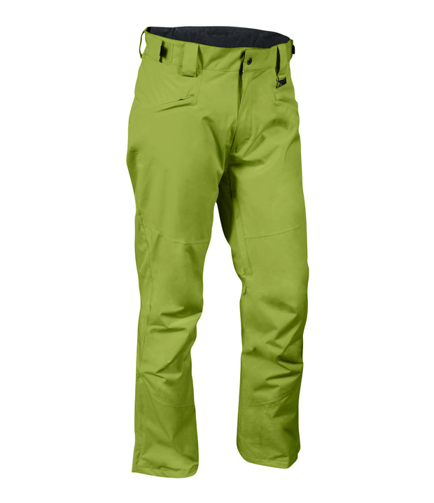 A pair of green snow pants with zippered hand pockets, and an adjustable waistband with belt loops.