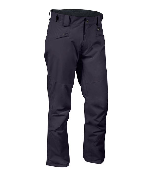 A pair of dark charcoal grey snow pants with zippered hand pockets, and an adjustable waistband with belt loops.