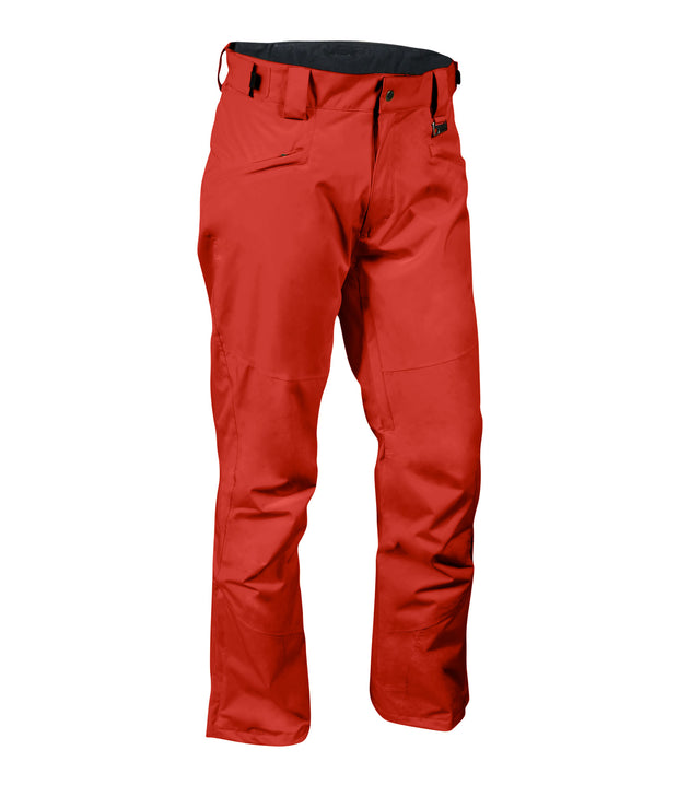 A pair of orange snow pants with zippered hand pockets, and an adjustable waistband with belt loops.