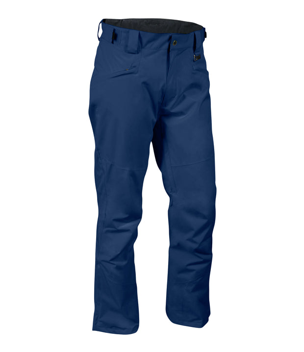 A pair of navy blue snow pants with zippered hand pockets, and an adjustable waistband with belt loops.