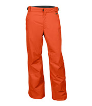A pair of orange snow pants with zippered hand pockets, and an adjustable waistband with belt loops.