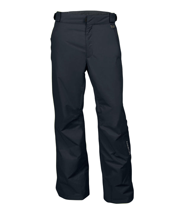A pair of dark grey snow pants with zippered hand pockets, and an adjustable waistband with belt loops.