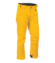 A pair of golden yellow snow pants with zippered hand pockets, and an adjustable waistband with belt loops.