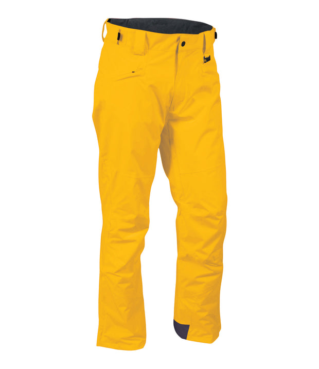 A pair of golden yellow snow pants with zippered hand pockets, and an adjustable waistband with belt loops.