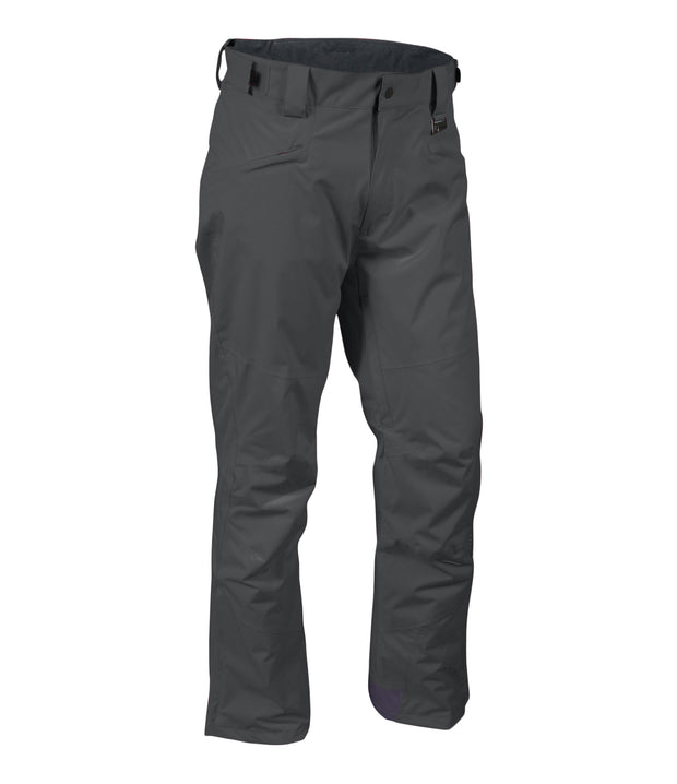 A pair of charcoal grey blue snow pants with zippered hand pockets, and an adjustable waistband with belt loops.