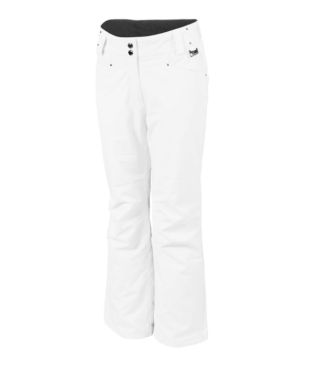A pair of white insulated pants for women, featuring a full zipper, adjustable waistband, and reinforced crotch construction.