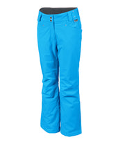 A pair of bright blue insulated pants for women, featuring a full zipper, adjustable waistband, and reinforced crotch construction.