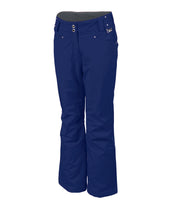 A pair of navy blue insulated pants for women, featuring a full zipper, adjustable waistband, and reinforced crotch construction.