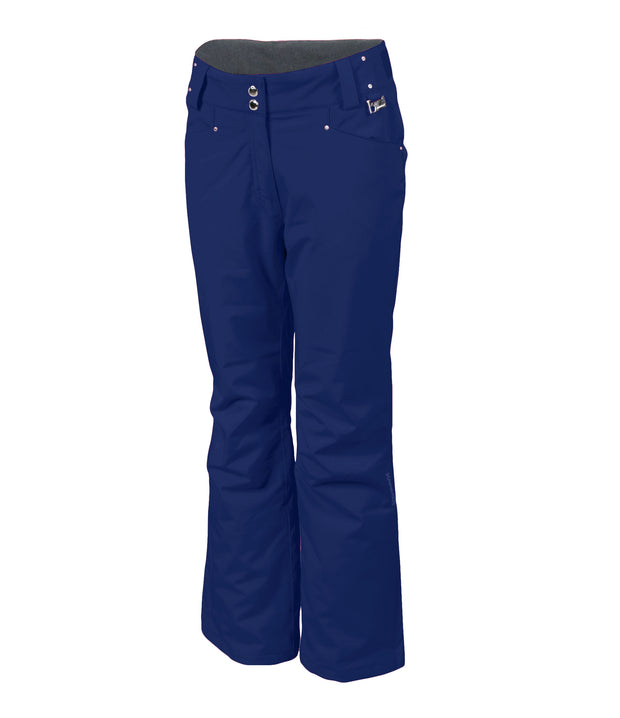 A pair of navy blue insulated pants for women, featuring a full zipper, adjustable waistband, and reinforced crotch construction.