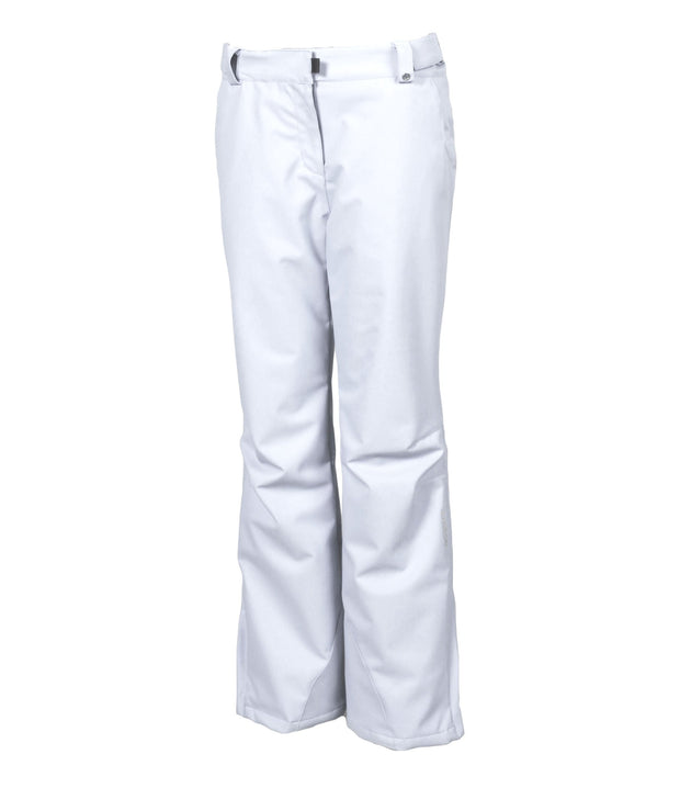 A pair of women's white pants with zippered hand pockets, an adjustable waistband, and belt loops.
