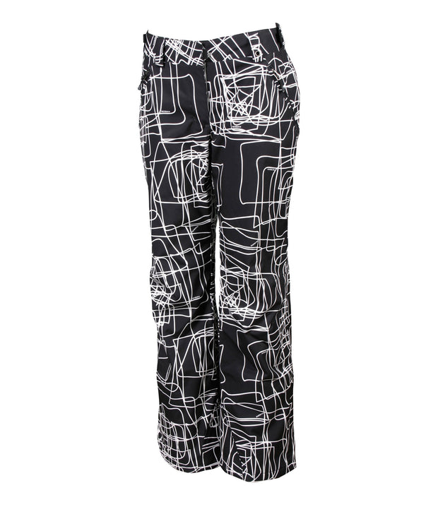 A pair of black and white geometric patterned insulated pants with zippered hand pockets, an adjustable waistband, and belt loops for women.