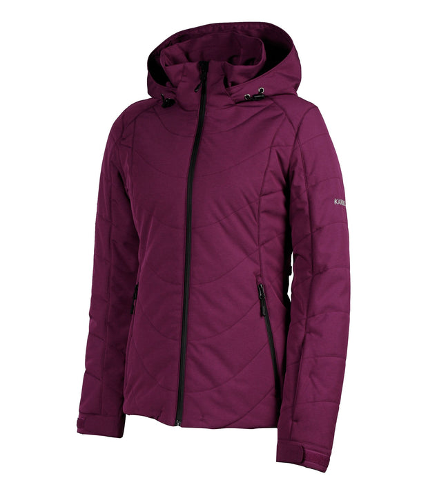 A women's dark purple puffer jacket featuring a front zip closure, a zippered chest pocket, and an adjustable hood.