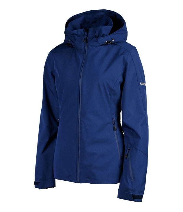 A women's navy blue shell jacket featuring a front zip closure, zippered chest pocket, and two side zip pockets, with an adjustable hood.