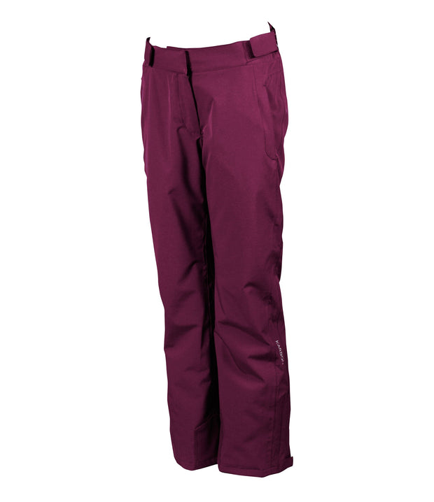 A pair of women's dark purple insulated pants, featuring a full zipper, and adjustable waistband.