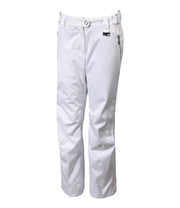 A pair of women's white pants with zippered hand pockets, an adjustable waistband, and belt loops.