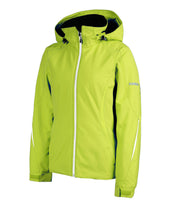 A lime green insulated jacket with a hood, featuring a zipper closure, underarm venting, and a drawcord hem.