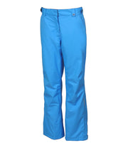 A pair of women's blue ski pants with zippered hand pockets, and an adjustable waistband with belt loops.