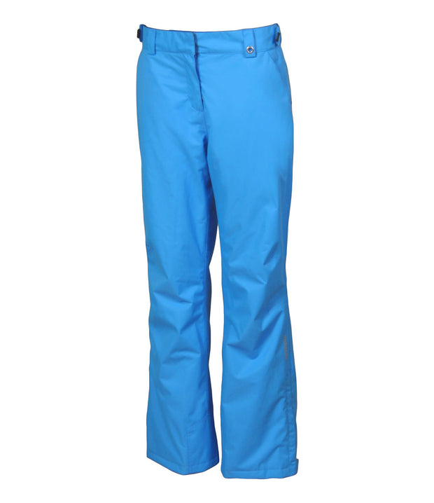 A pair of women's blue ski pants with zippered hand pockets, and an adjustable waistband with belt loops.