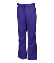A pair of women's purple ski pants with zippered hand pockets, and an adjustable waistband with belt loops.