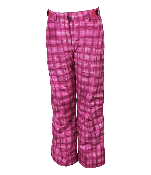 A pair of girls' insulated pants with a multicolored geometric pink checkered pattern, featuring zippered hand pockets, adjustable waist, and belt loops for girls.