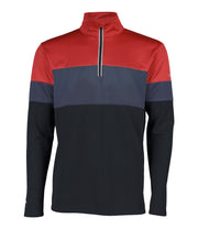 Men’s 1/4 zip base layer in red, dark grey, and black with contrast color blocking and a contrasting zipper.