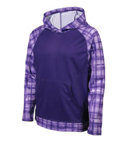 A Junior two-toned hoodie with purple checked pattern on the hood, sleeves and bottom of the body, pairing with a purple body.