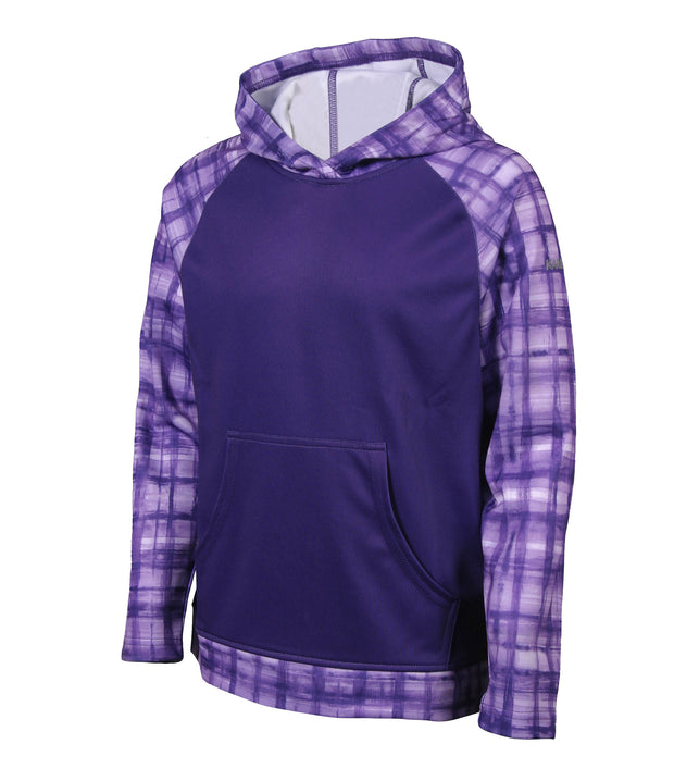 A Junior two-toned hoodie with purple checked pattern on the hood, sleeves and bottom of the body, pairing with a purple body.