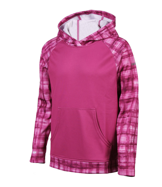 A Junior two-toned hoodie with pink checked pattern on the hood, sleeves and bottom of the body, pairing with a pink body.