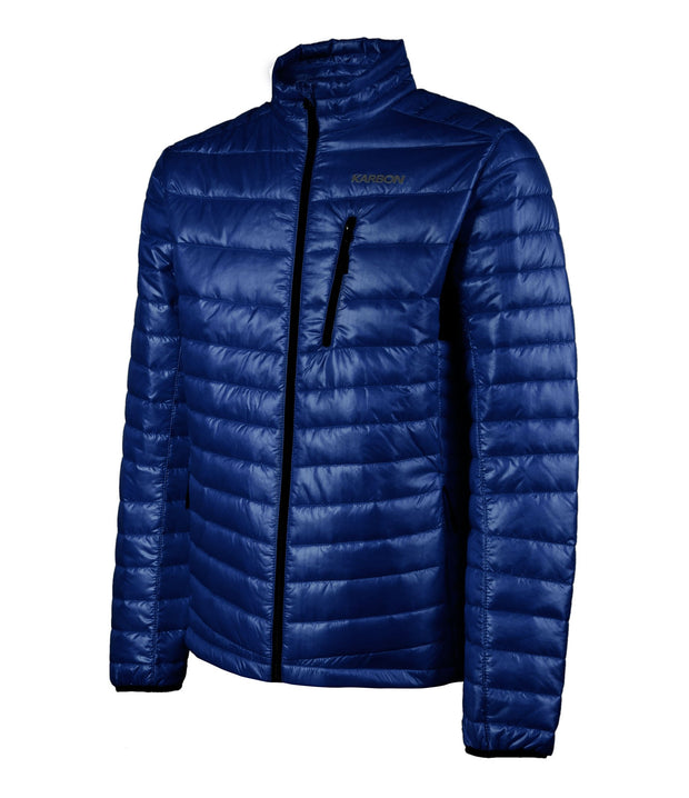 A navy blue light puffer featuring a front zip closure, zippered chest pocket, and two side zip pockets.